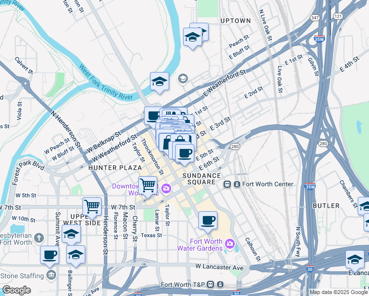 map of restaurants, bars, coffee shops, grocery stores, and more near in Fort Worth