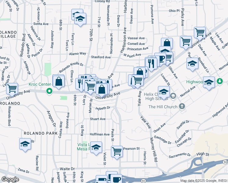 map of restaurants, bars, coffee shops, grocery stores, and more near 7180 University Avenue in La Mesa