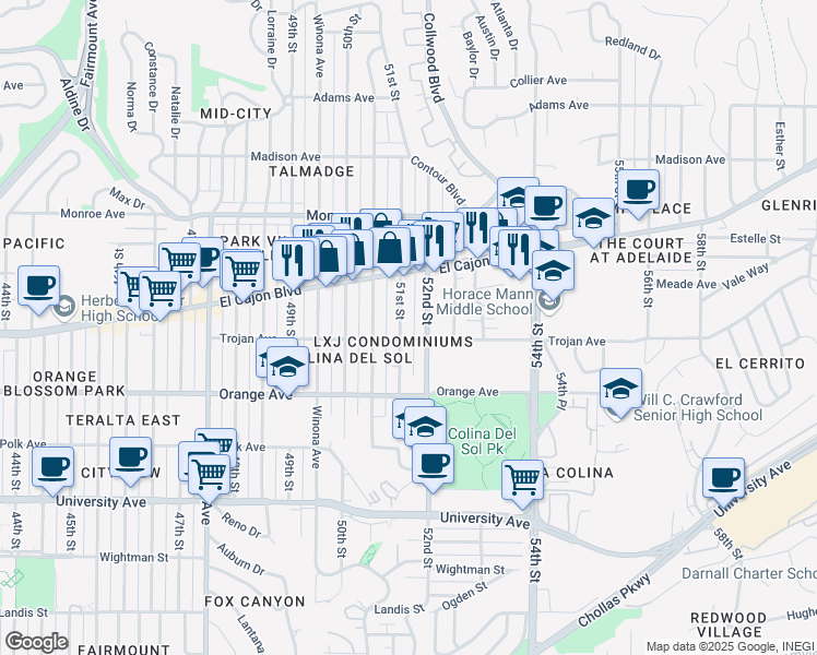 map of restaurants, bars, coffee shops, grocery stores, and more near 4315 51st Street in San Diego