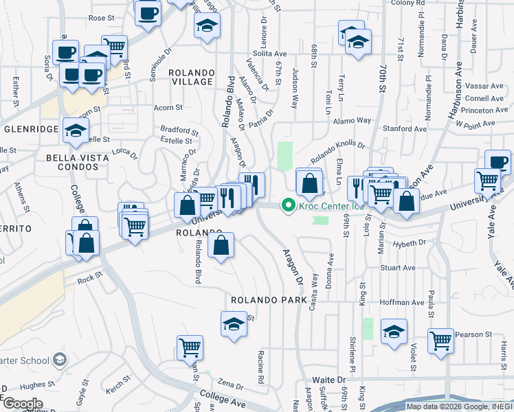 map of restaurants, bars, coffee shops, grocery stores, and more near University Avenue & Aragon Drive in San Diego
