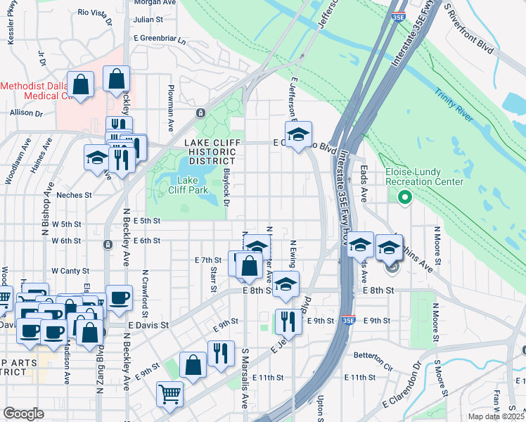 map of restaurants, bars, coffee shops, grocery stores, and more near 609 North Lancaster Avenue in Dallas