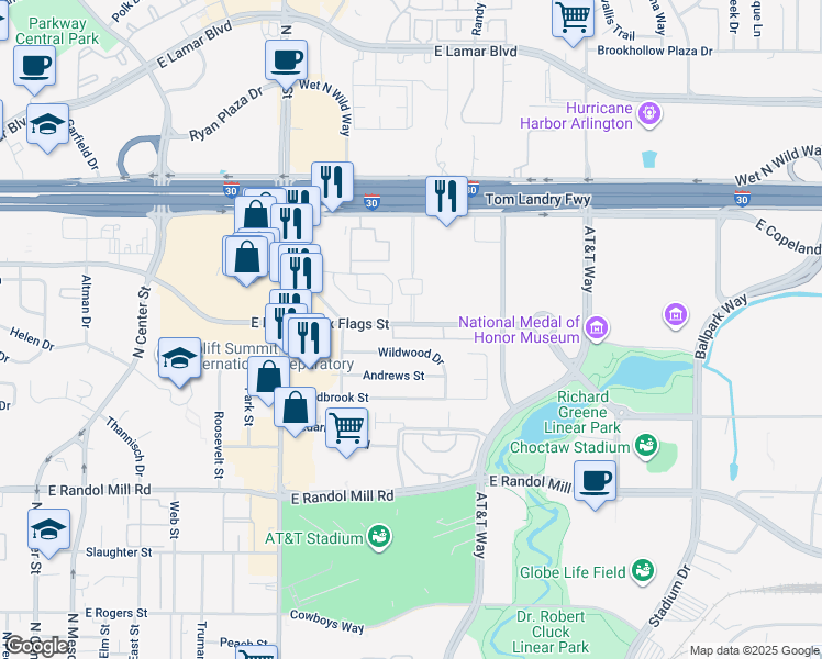 map of restaurants, bars, coffee shops, grocery stores, and more near 205 East Road to Six Flags Street in Arlington