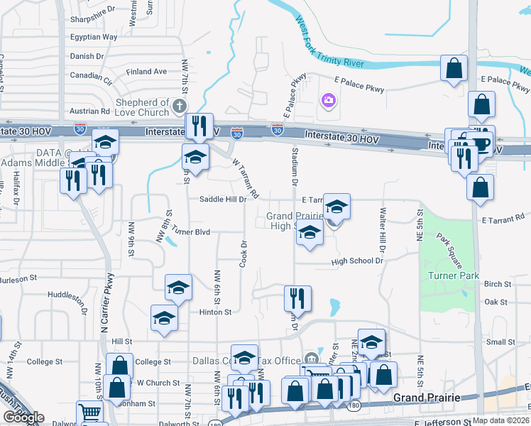 map of restaurants, bars, coffee shops, grocery stores, and more near 201 West Tarrant Road in Grand Prairie