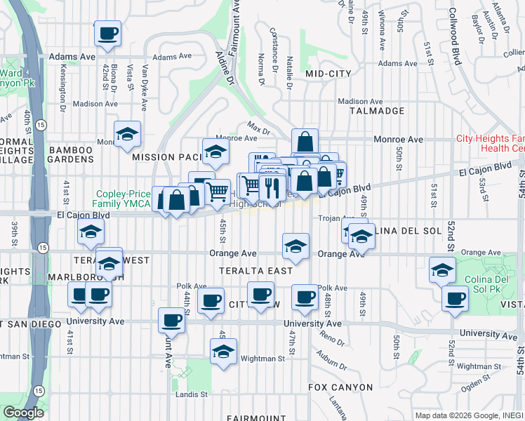 map of restaurants, bars, coffee shops, grocery stores, and more near 4603 El Cajon Boulevard in San Diego