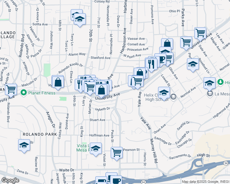 map of restaurants, bars, coffee shops, grocery stores, and more near 7180 University Avenue in La Mesa