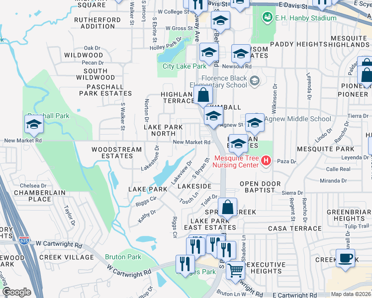 map of restaurants, bars, coffee shops, grocery stores, and more near 218 New Market Road in Mesquite
