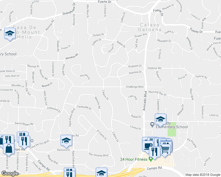 map of restaurants, bars, coffee shops, grocery stores, and more near 10629 Challenge Boulevard in La Mesa
