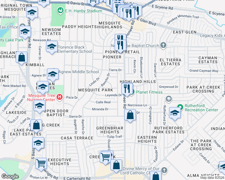 map of restaurants, bars, coffee shops, grocery stores, and more near 1106 Casa Drive in Mesquite