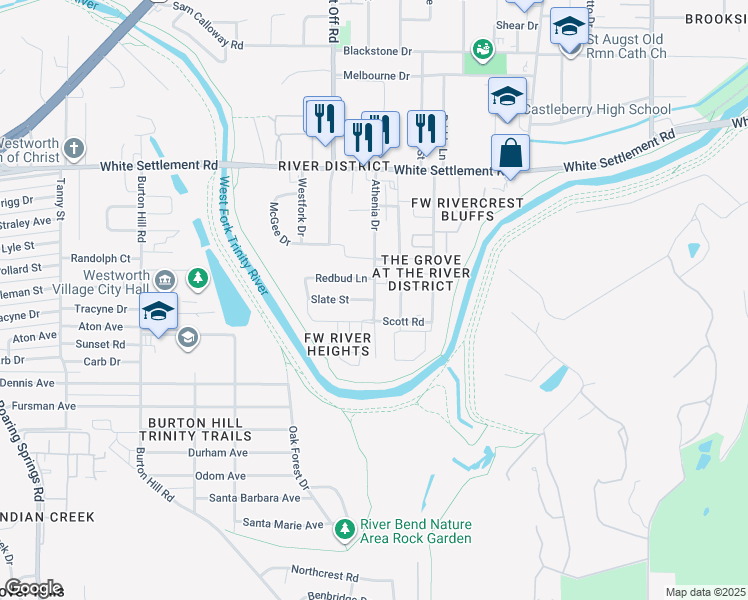 map of restaurants, bars, coffee shops, grocery stores, and more near 5100 Slate Street in Fort Worth