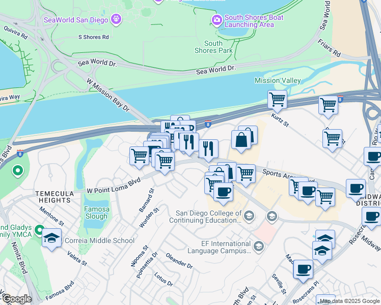 map of restaurants, bars, coffee shops, grocery stores, and more near 4004 Sports Arena Boulevard in San Diego