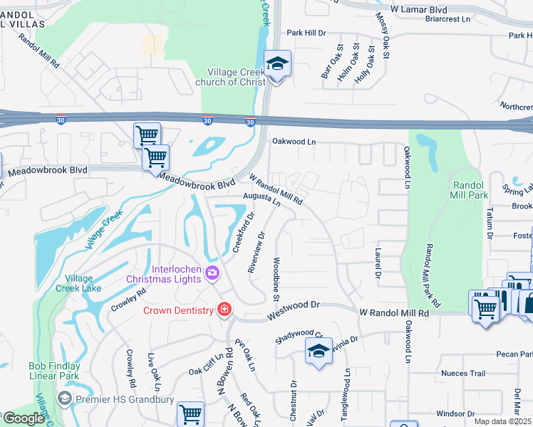 map of restaurants, bars, coffee shops, grocery stores, and more near 1508 Riverview Drive in Arlington