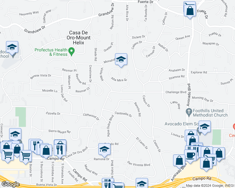 map of restaurants, bars, coffee shops, grocery stores, and more near 10359 Challenge Boulevard in La Mesa
