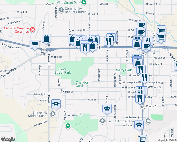 map of restaurants, bars, coffee shops, grocery stores, and more near 619 West Baylor Street in Weatherford