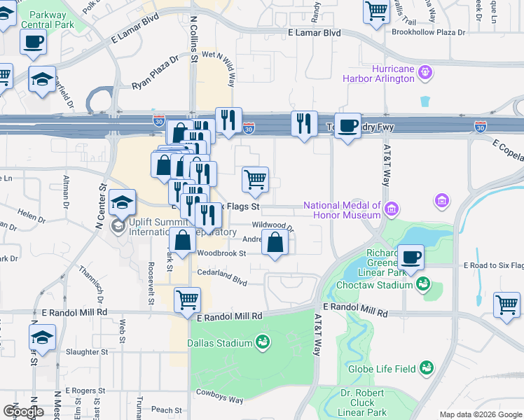 map of restaurants, bars, coffee shops, grocery stores, and more near 1109 East Road to Six Flags Street in Arlington