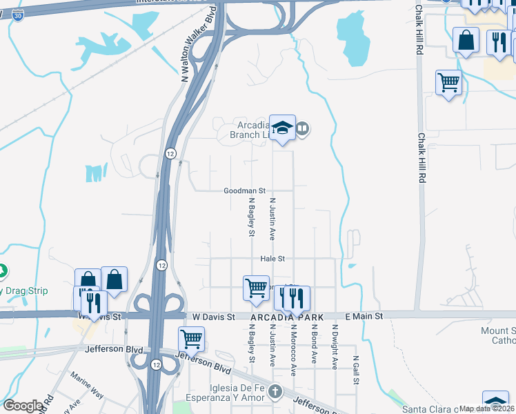 map of restaurants, bars, coffee shops, grocery stores, and more near 1147 North Justin Avenue in Dallas