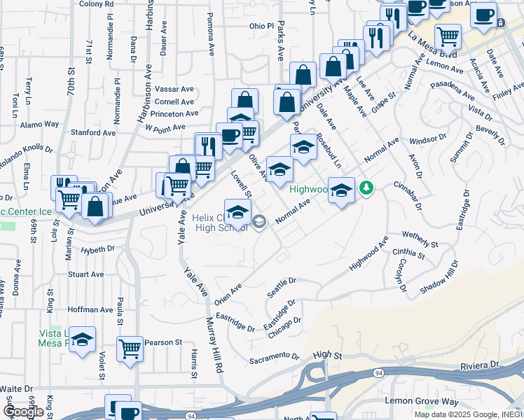 map of restaurants, bars, coffee shops, grocery stores, and more near 4245 Lowell Street in La Mesa