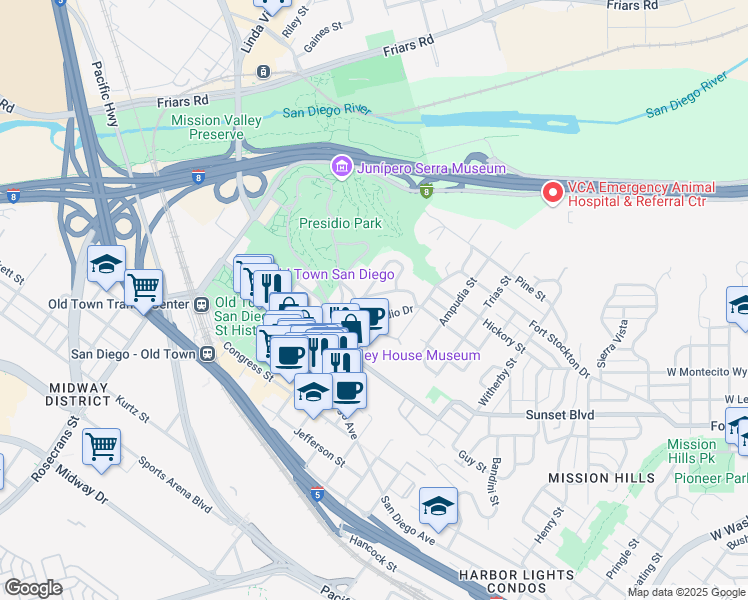 map of restaurants, bars, coffee shops, grocery stores, and more near 2467 Marilouise Way in San Diego