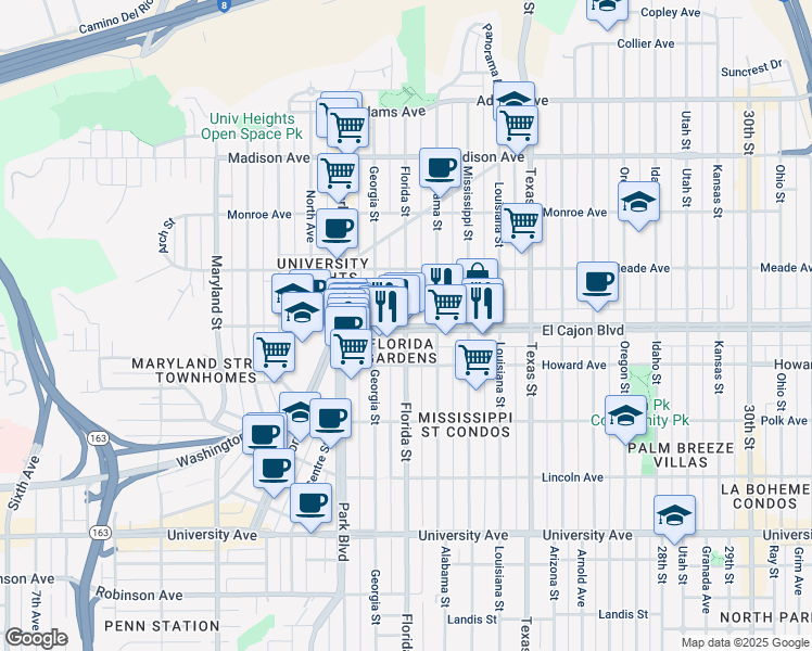 map of restaurants, bars, coffee shops, grocery stores, and more near El Cajon Blvd & Florida St in San Diego