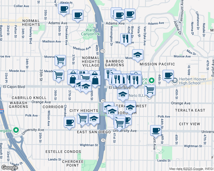 map of restaurants, bars, coffee shops, grocery stores, and more near 4050 El Cajon Boulevard in San Diego
