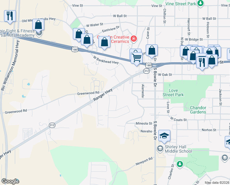 map of restaurants, bars, coffee shops, grocery stores, and more near 113 Redbud Lane in Weatherford