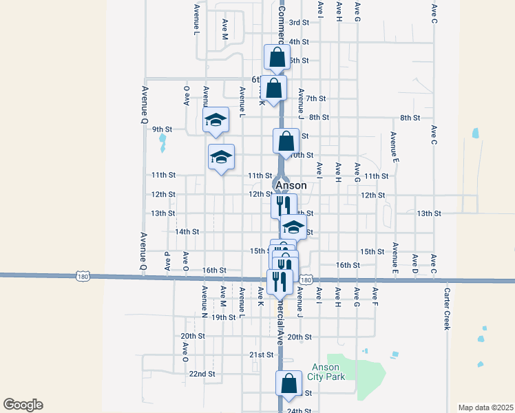 map of restaurants, bars, coffee shops, grocery stores, and more near 1220 Avenue K in Anson
