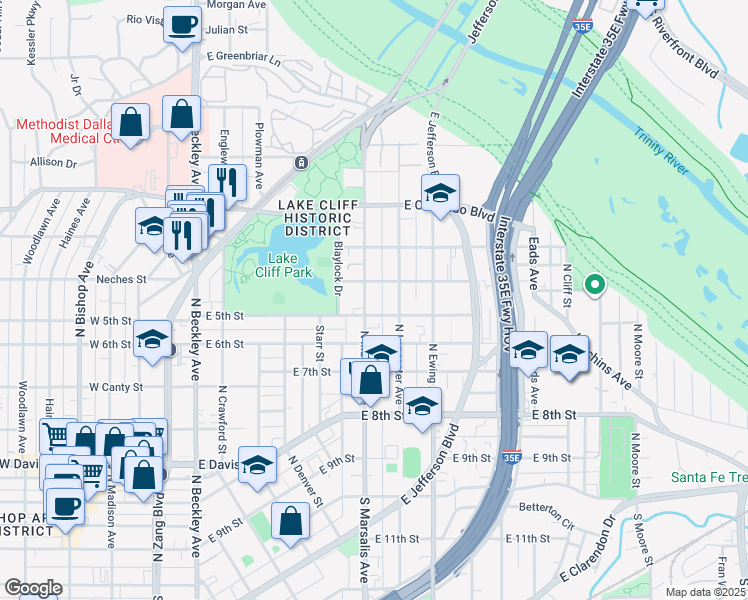 map of restaurants, bars, coffee shops, grocery stores, and more near 606 North Marsalis Avenue in Dallas