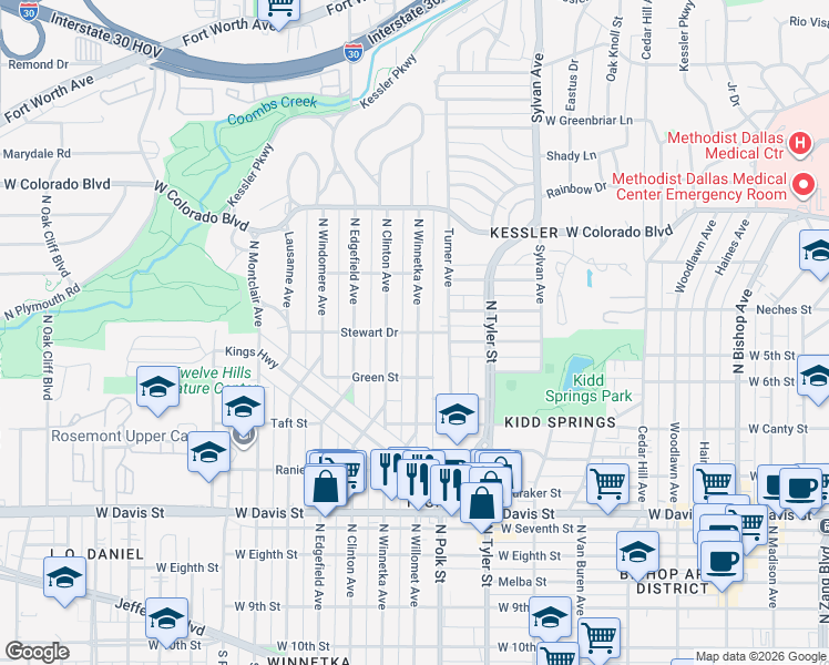 map of restaurants, bars, coffee shops, grocery stores, and more near Stewart Drive in Dallas