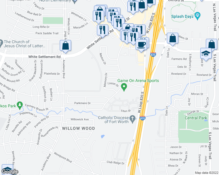 map of restaurants, bars, coffee shops, grocery stores, and more near 9628 Orinda Drive in Fort Worth