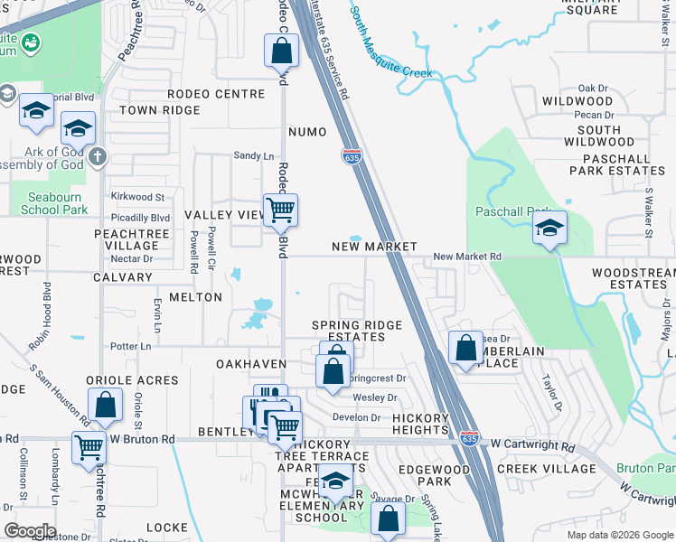 map of restaurants, bars, coffee shops, grocery stores, and more near 1436 New Market Road in Mesquite