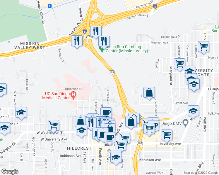 map of restaurants, bars, coffee shops, grocery stores, and more near 4308 Fifth Avenue in San Diego