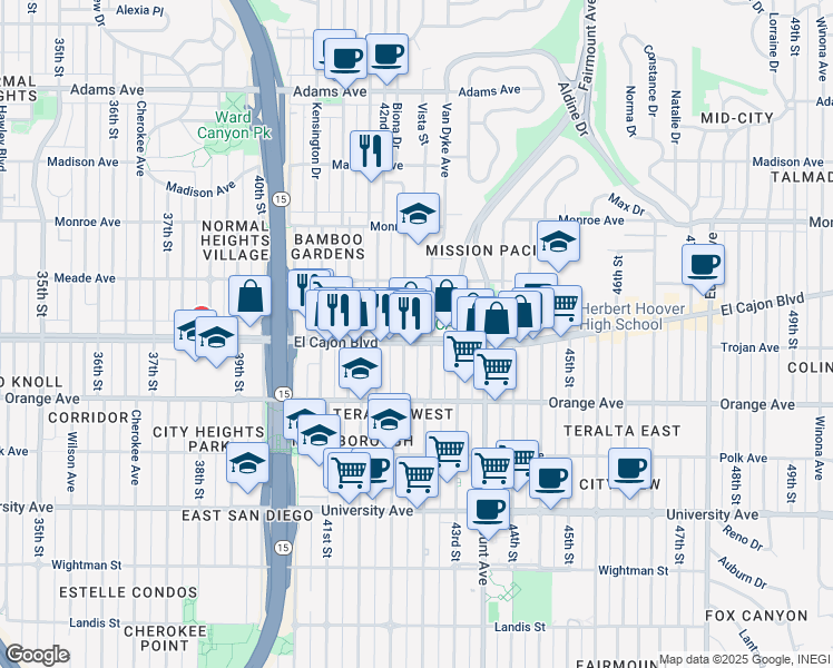 map of restaurants, bars, coffee shops, grocery stores, and more near 4244 El Cajon Boulevard in San Diego