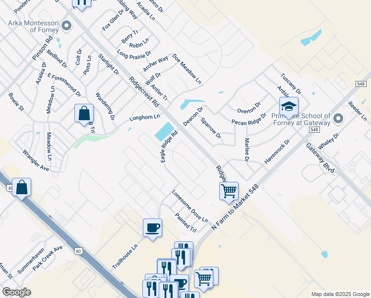 map of restaurants, bars, coffee shops, grocery stores, and more near 2 Woodberry Drive in Forney