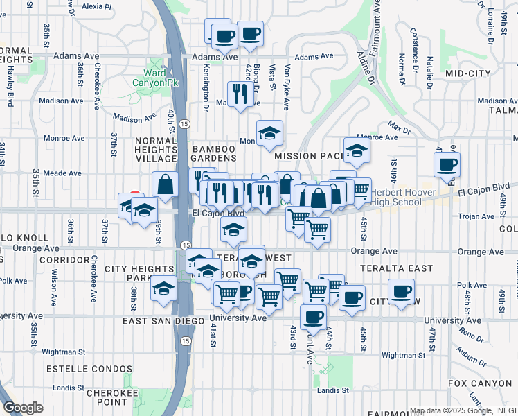 map of restaurants, bars, coffee shops, grocery stores, and more near 4228 El Cajon Boulevard in San Diego