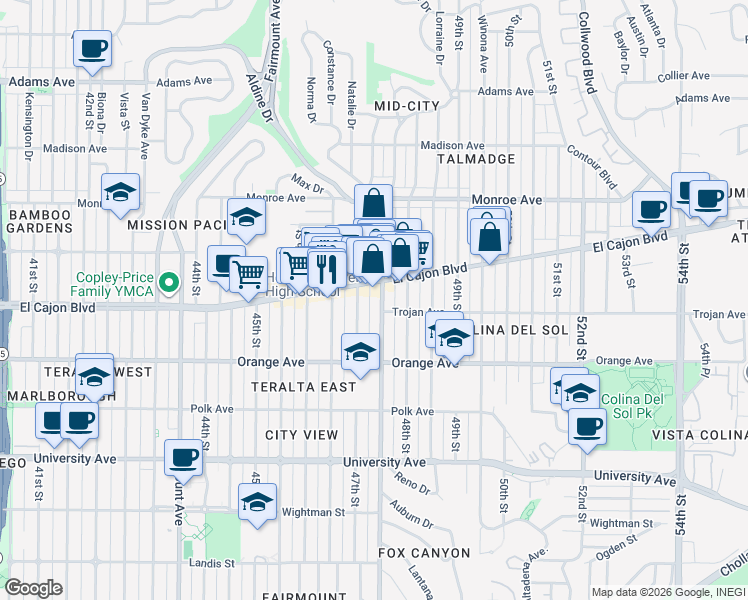 map of restaurants, bars, coffee shops, grocery stores, and more near 4293 47th Street in San Diego