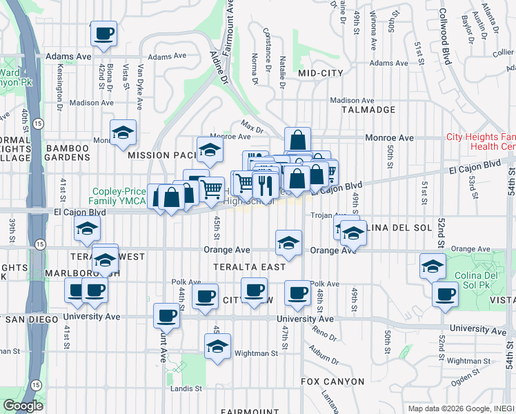 map of restaurants, bars, coffee shops, grocery stores, and more near 4603 El Cajon Boulevard in San Diego