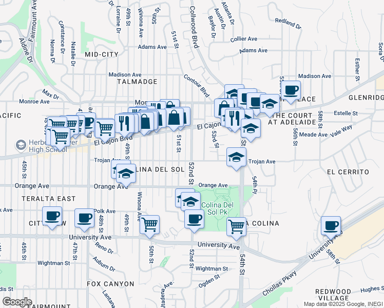 map of restaurants, bars, coffee shops, grocery stores, and more near 4321 52nd Street in San Diego