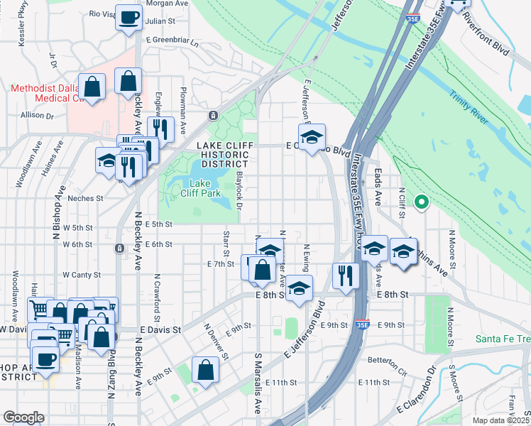 map of restaurants, bars, coffee shops, grocery stores, and more near 606 North Marsalis Avenue in Dallas