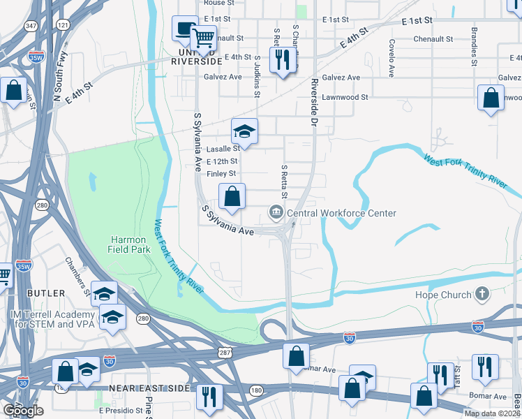 map of restaurants, bars, coffee shops, grocery stores, and more near 2820 Gipson Street in Fort Worth