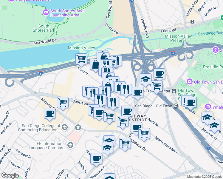 map of restaurants, bars, coffee shops, grocery stores, and more near 3430 Kurtz Street in San Diego