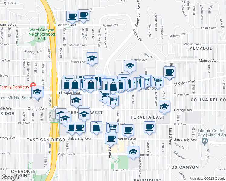 map of restaurants, bars, coffee shops, grocery stores, and more near 4320 44th Street in San Diego