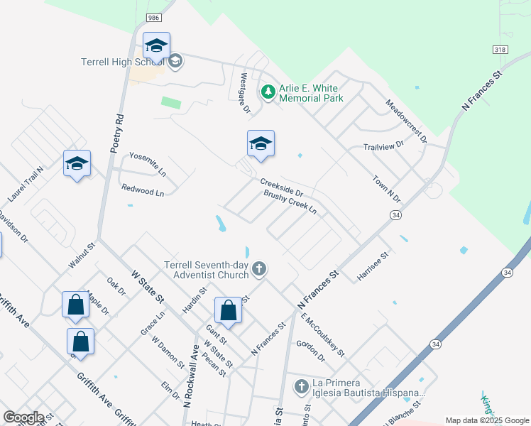 map of restaurants, bars, coffee shops, grocery stores, and more near 111 Shady Creek Lane in Terrell