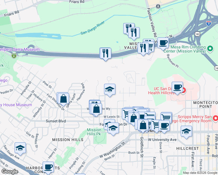 map of restaurants, bars, coffee shops, grocery stores, and more near 4285 Randolph Street in San Diego