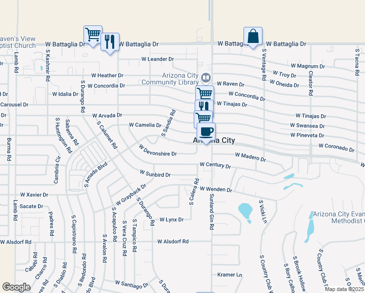 map of restaurants, bars, coffee shops, grocery stores, and more near 9853 West Santa Cruz Boulevard in Arizona City