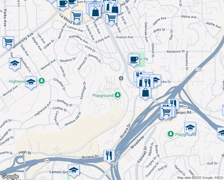 map of restaurants, bars, coffee shops, grocery stores, and more near 8302 Valley View Circle in La Mesa
