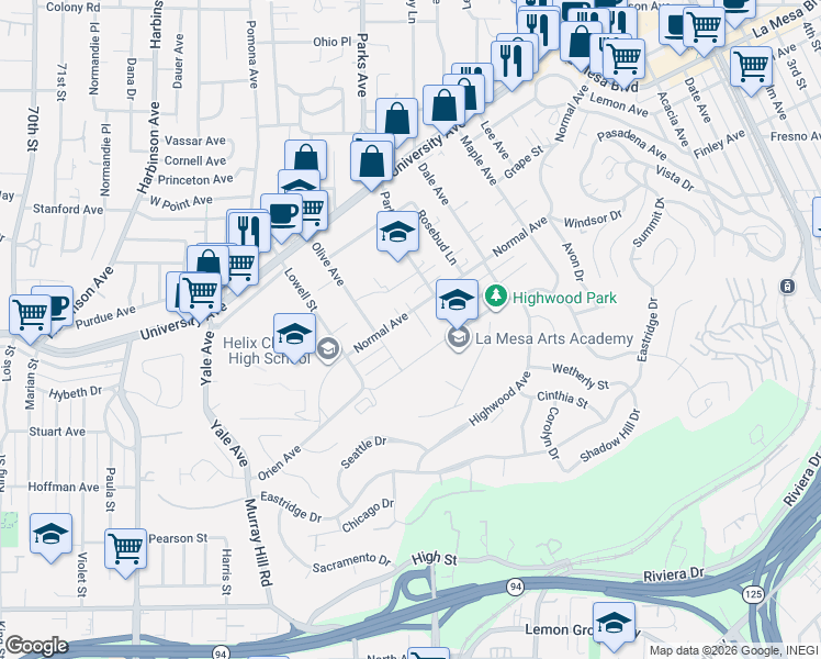 map of restaurants, bars, coffee shops, grocery stores, and more near 4279 Schoolridge Lane in La Mesa