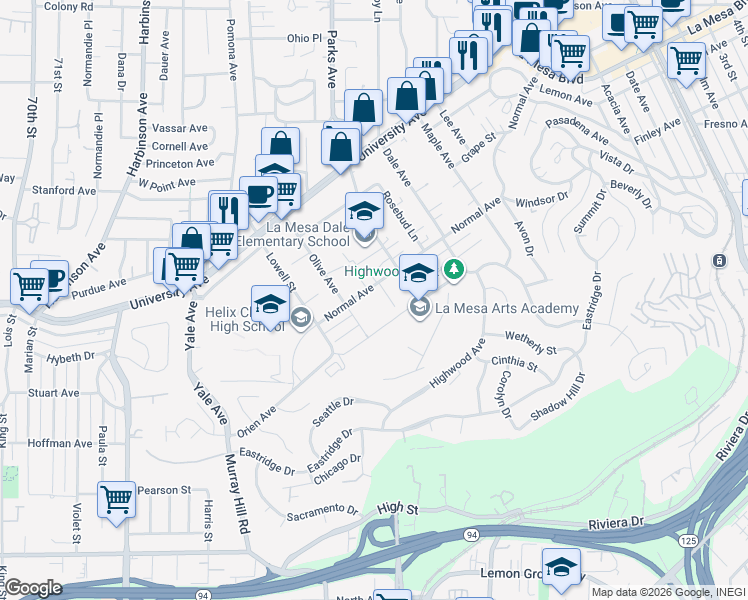 map of restaurants, bars, coffee shops, grocery stores, and more near 4279 Schoolridge Lane in La Mesa