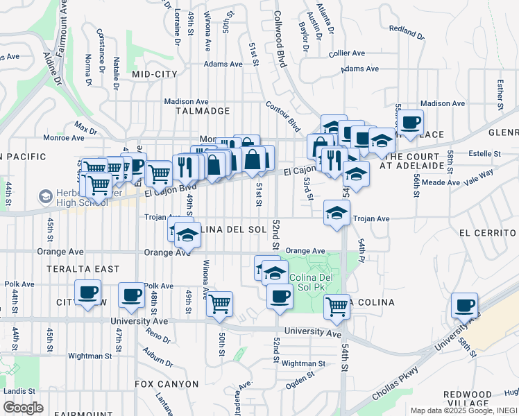 map of restaurants, bars, coffee shops, grocery stores, and more near 4322 52nd Street in San Diego