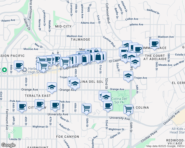 map of restaurants, bars, coffee shops, grocery stores, and more near 4321 Altadena Avenue in San Diego