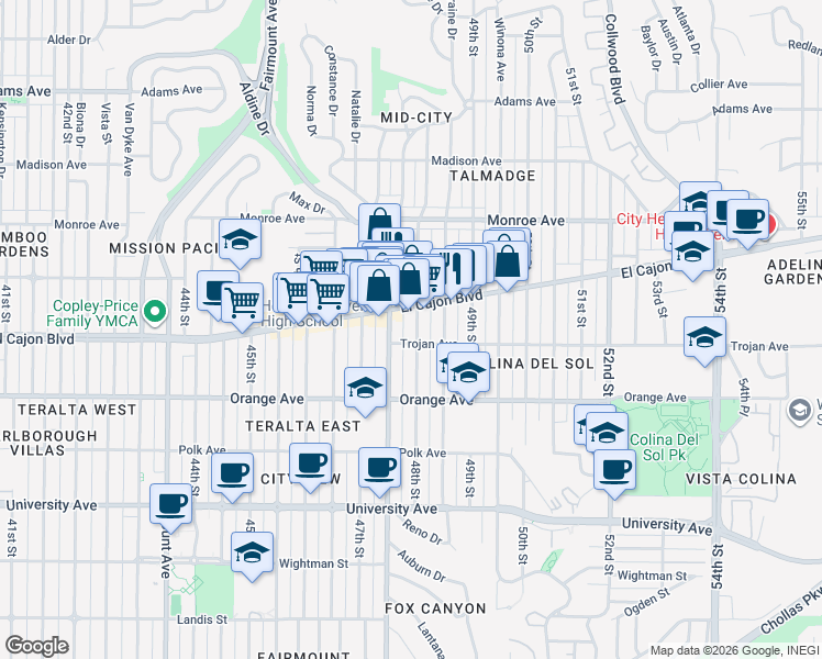 map of restaurants, bars, coffee shops, grocery stores, and more near 4328 48th Street in San Diego
