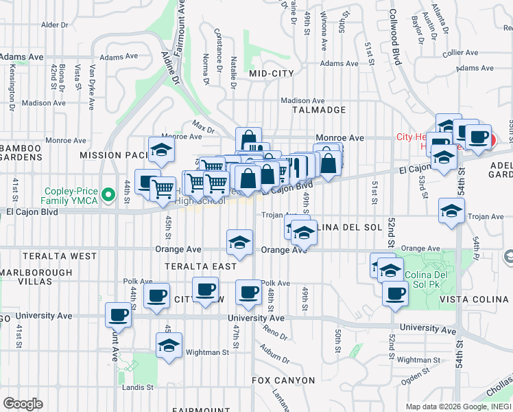 map of restaurants, bars, coffee shops, grocery stores, and more near 4328 48th Street in San Diego